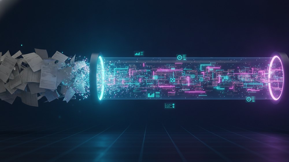 Documentos y papeleo repetitivo transformándose en un flujo ordenado de datos al pasar por un haz de inteligencia artificial