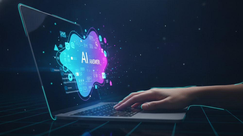 Recuadro de respuesta de inteligencia artificial cubriendo los resultados tradicionales de una búsqueda en una laptop