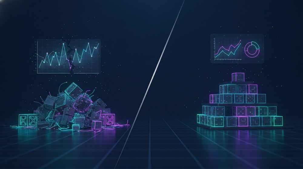 A messy warehouse compared to the same warehouse with its inventory under control and metrics on a panel