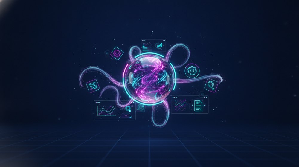 An AI agent connected to several tool icons —database, calendar, spreadsheet— executing a multi-step task