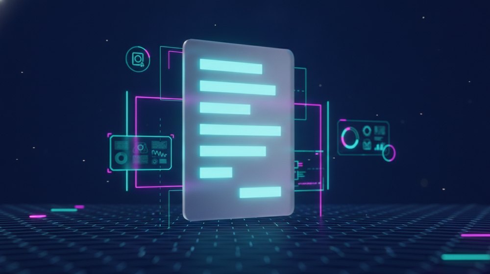 A privacy notice document with its key sections lighting up one by one in cyan light