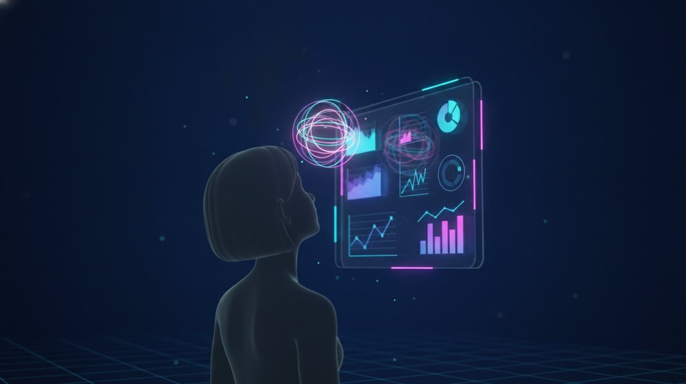 Business owner looking at a floating AI dashboard with simple metrics and a friendly assistant