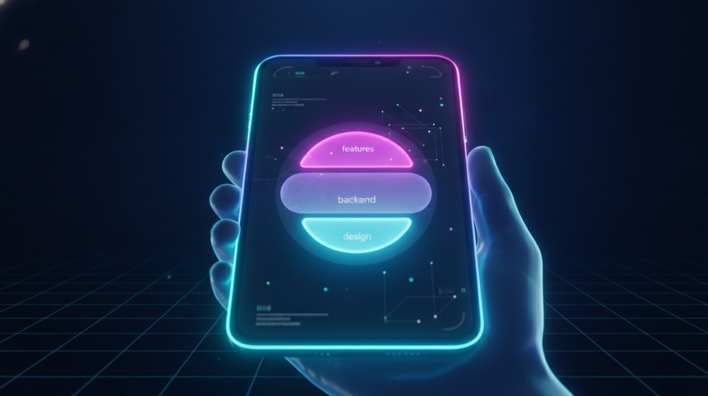 Ícono de una app en un teléfono con sus componentes de costo (diseño, backend, funciones) mostrados como capas apiladas de luz