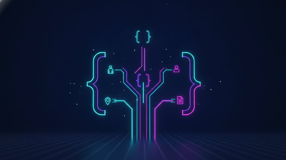 Estructura de etiquetas anidadas en forma de árbol con íconos de persona, ubicación y documento iluminándose dentro
