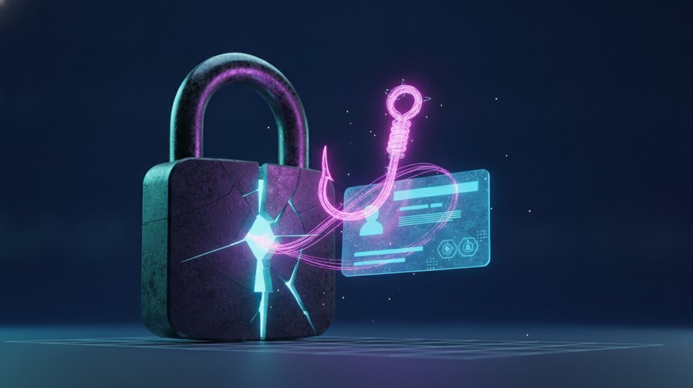 Un candado agrietado y luminoso junto a un anzuelo de phishing que jala una tarjeta de credenciales