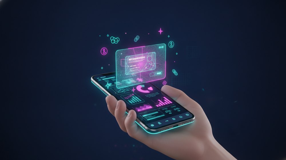 Teléfono mostrando una respuesta de inteligencia artificial que recomienda y destaca un negocio entre varias opciones