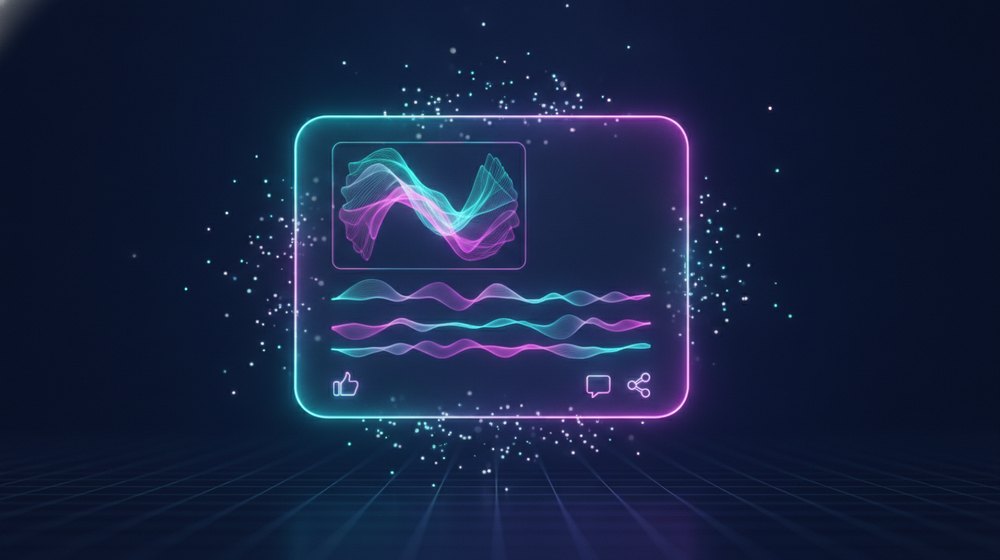 A social media post materializing from light particles, with an image, text lines, and engagement icons