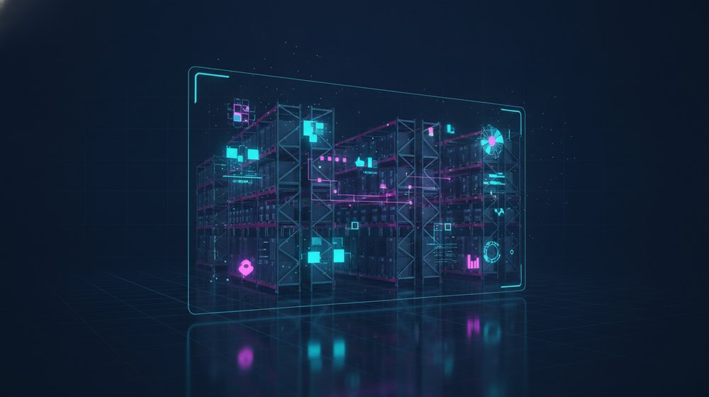 Racks de almacén con existencias por ubicación reflejadas en tiempo real en un panel de datos