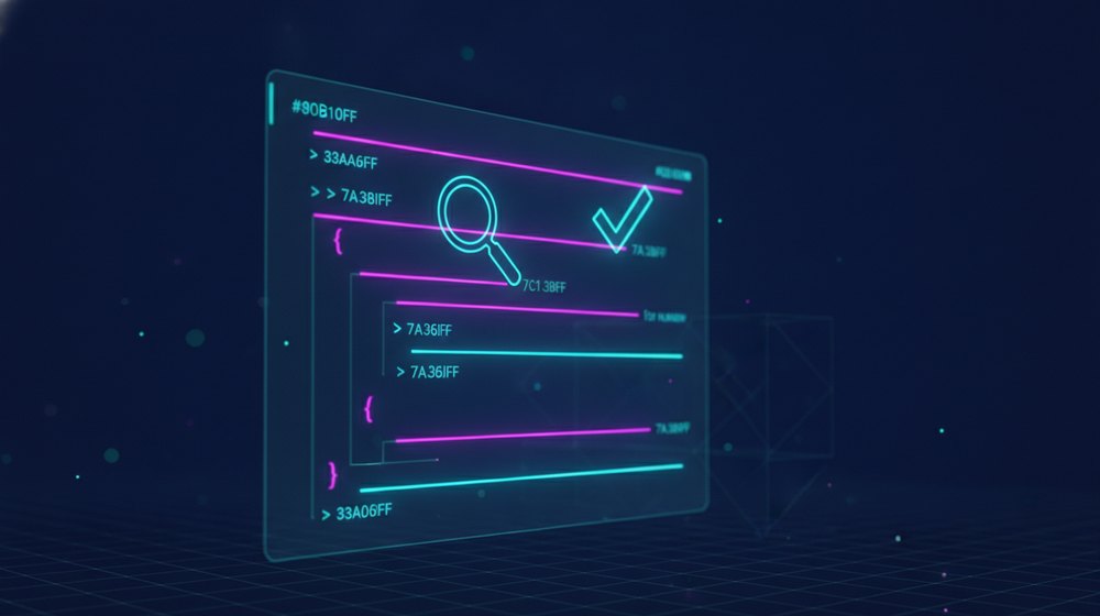 Glowing code on a screen with some lines flagged for human review, next to a magnifier and a checkmark of light