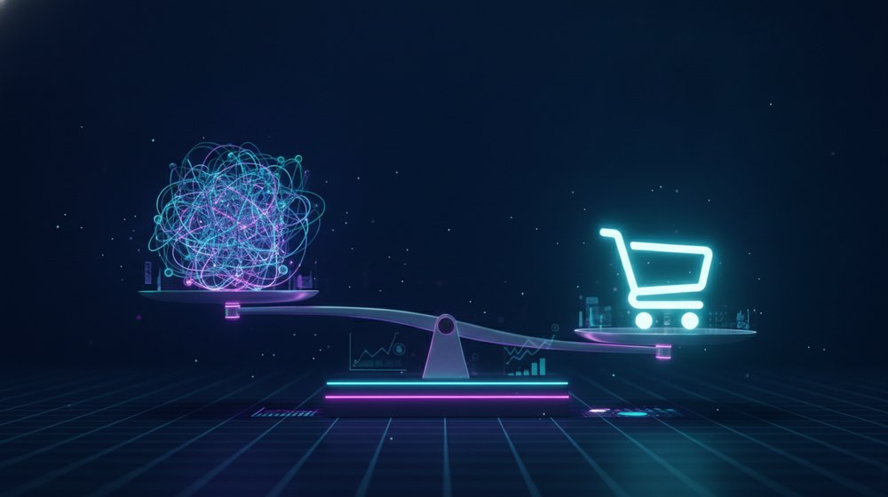 Comparación entre un sistema complejo y enredado de piezas contra un carrito de compras simple y limpio que brilla con más fuerza