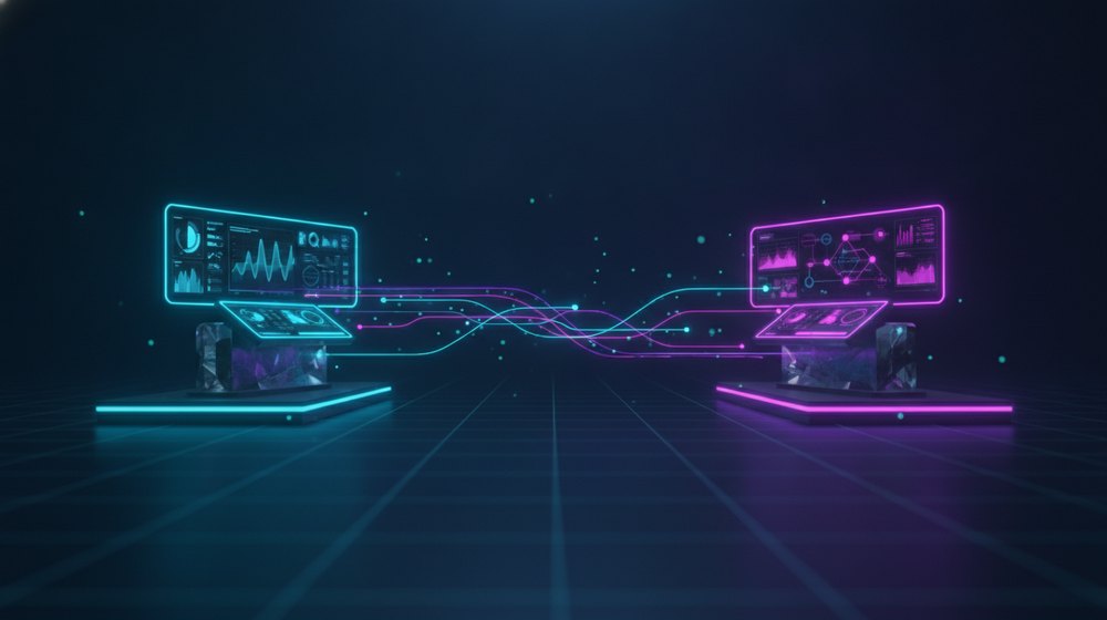 Flujo de datos entre una plataforma de operación y un sistema contable, unidos por un puente de luz