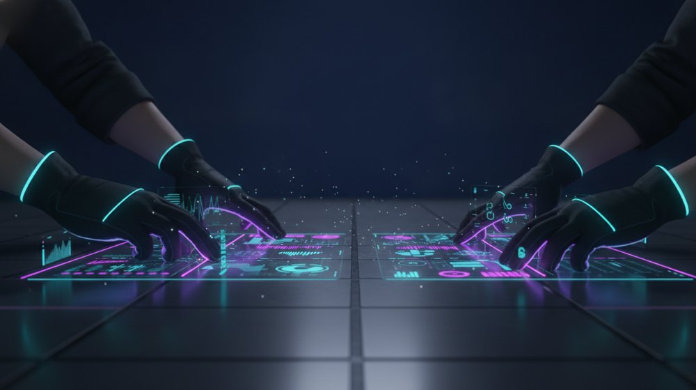 Hands working on the floor of a Mexican industrial plant with a subtle layer of technology over the scene