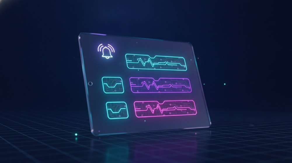Lista de verificación luminosa con fases abstractas —detectar, contener, recuperar— y un pequeño icono de alarma pulsando