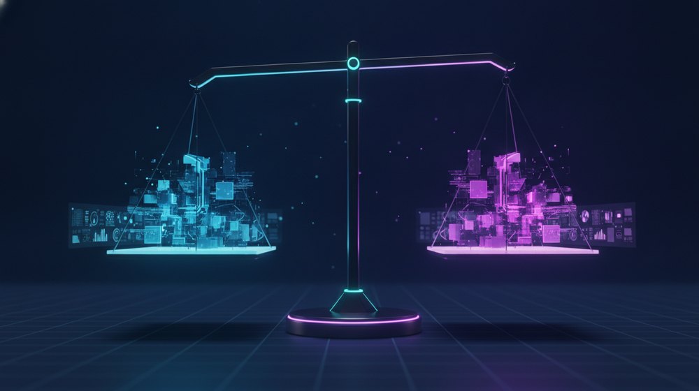 Balanza que compara software a la medida y enlatado