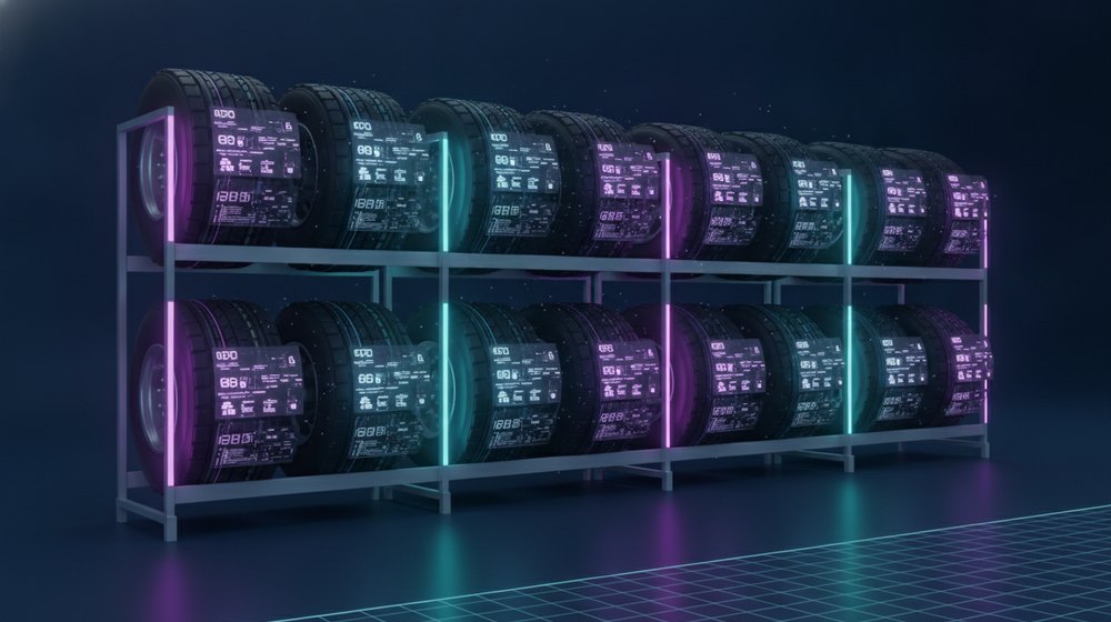 Rack de llantas de carga con etiquetas de datos por medida y marca en un inventario digital