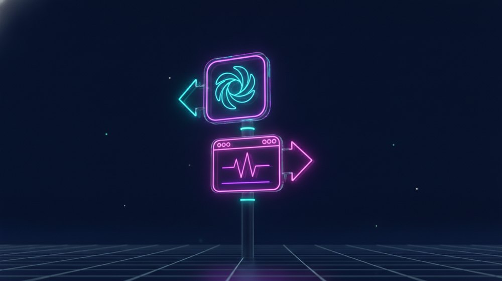 Un letrero luminoso con dos flechas: una en forma de ícono de app y otra en forma de ventana de navegador